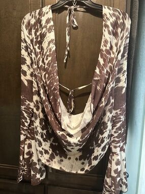 Open-Back Cowl Neck Women's Top in Brown and Cream